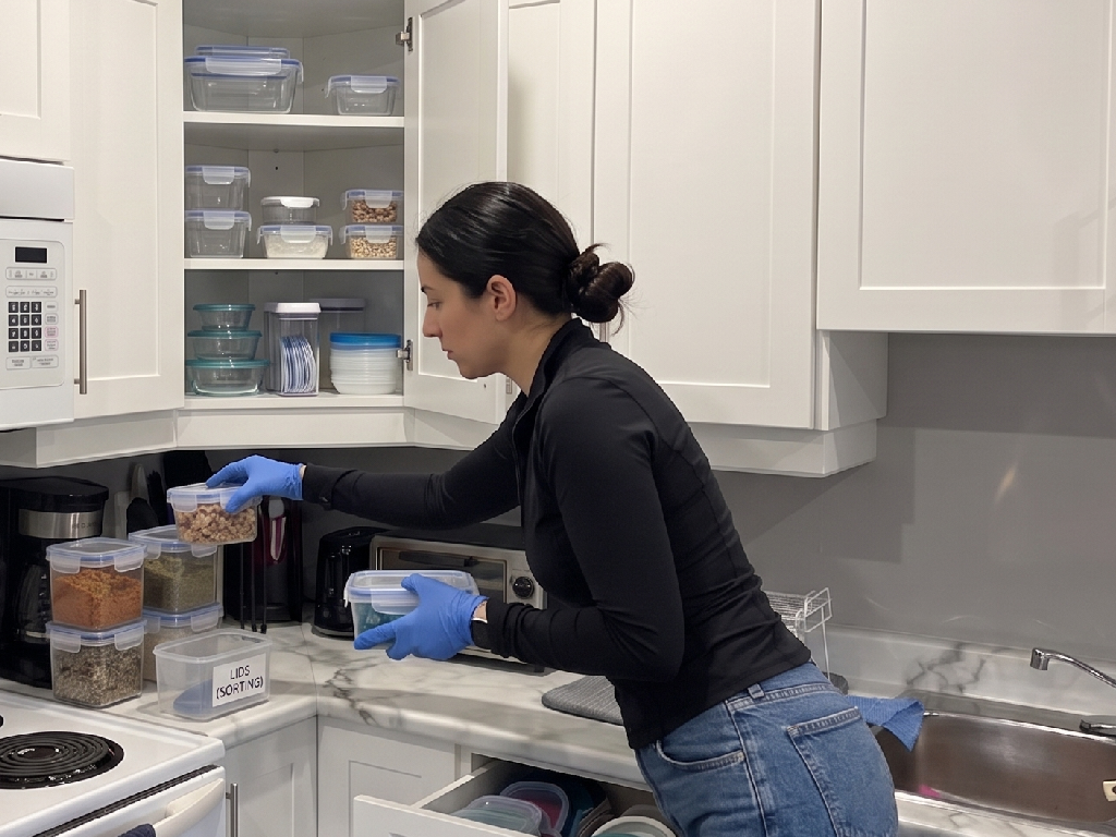 Neatly organized closet with labeled bins and folded items